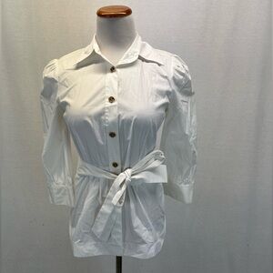Tory Burch White Cotton Spandex 3/4 Sleeve Button Down Top w Tie Belt Sz. 2